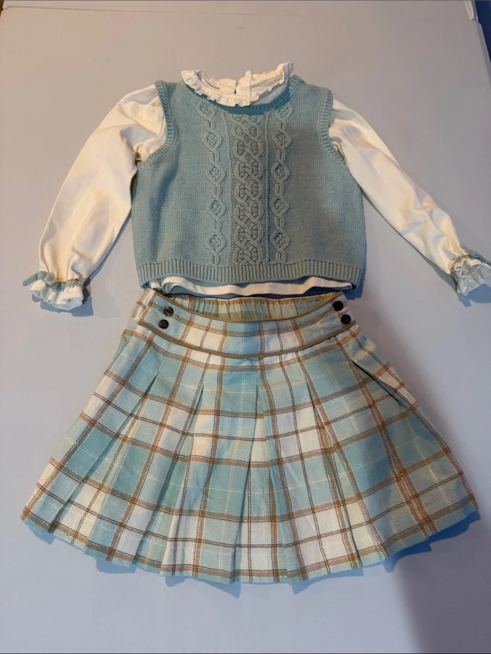 Tommy Bahama Blue/Green Gold Plaid Skirt and Knit Vest Long sleeve Shirt Set 2T